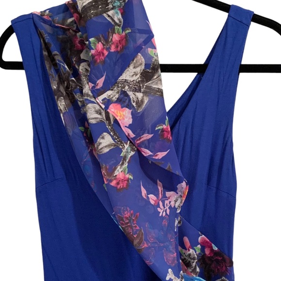 Bebe Asymmetrical Flutter Sleeve Printed Dress (M, Blue/Floral) - Picture 5 of 13